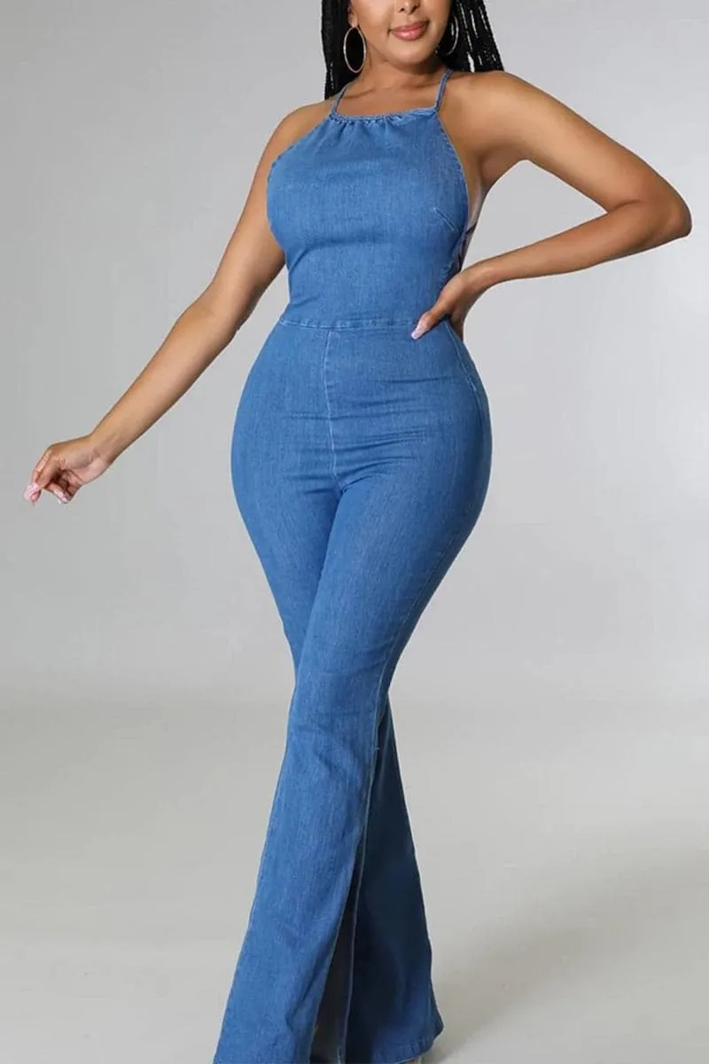 JB168 Halter Denim Jumpsuits