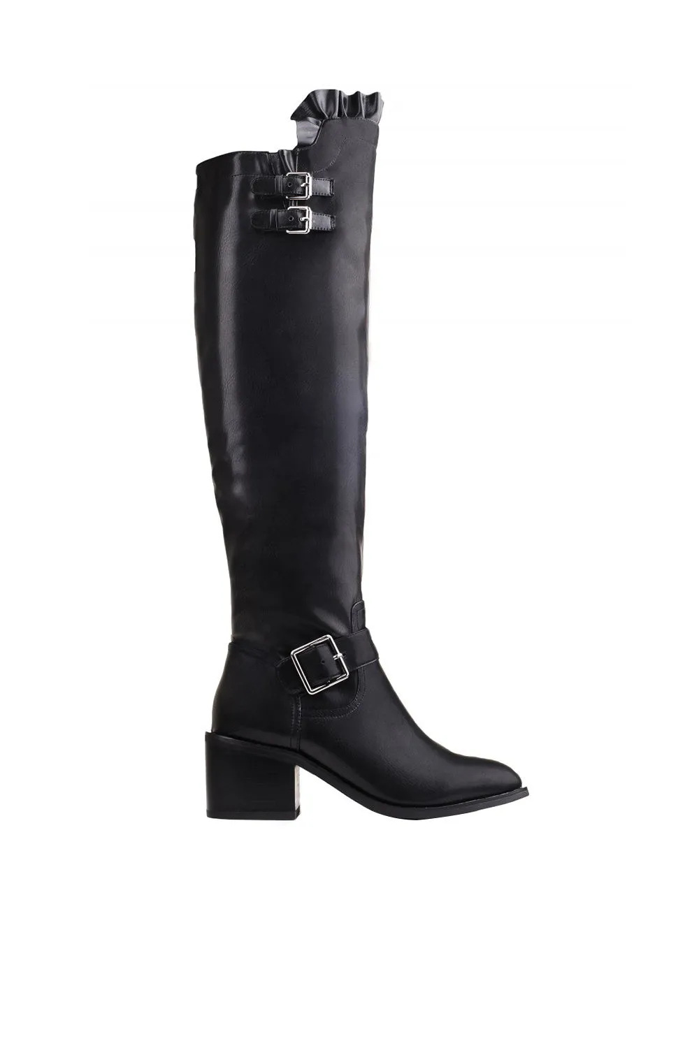 Jeffrey Campbell Squadron Tall Shaft Boot Black Leather Over Knee Dress Boots