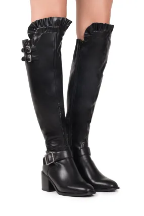 Jeffrey Campbell Squadron Tall Shaft Boot Black Leather Over Knee Dress Boots