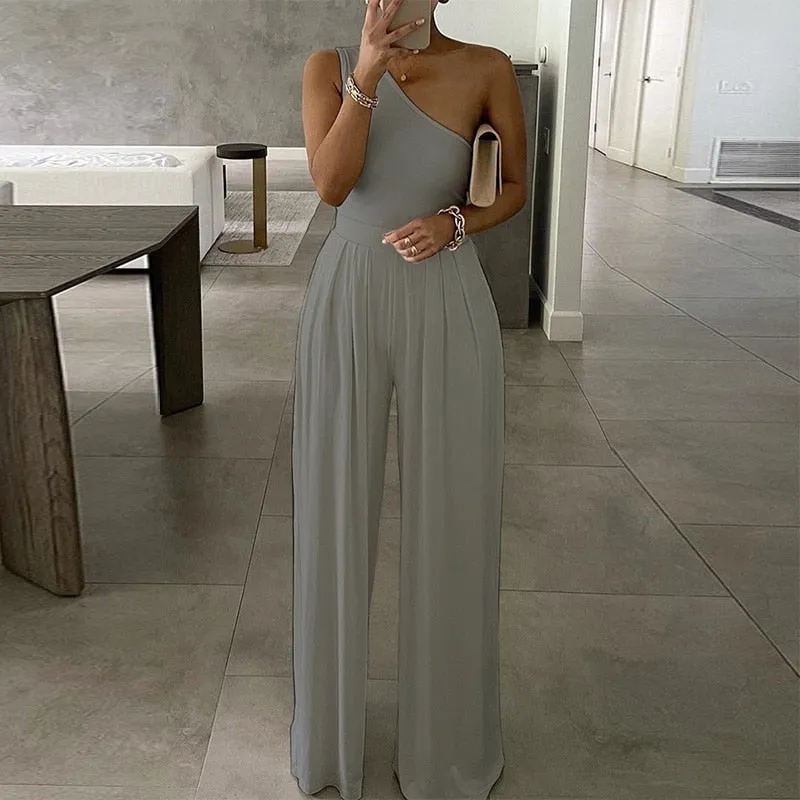 Joskaa Elegant Office Lady Wide Leg Jumpsuit Sexy Off Shoulder Women Rompers Bodysuit Summer Fashion Striped Printed Overalls Playsuits