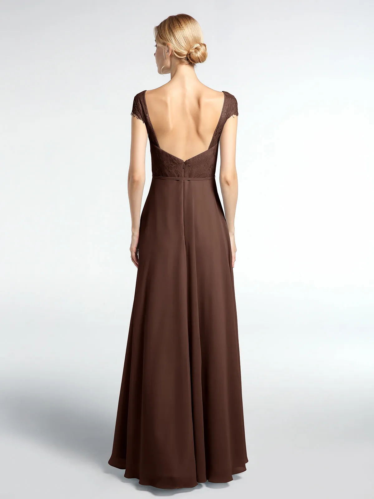 Lace Bodice Chiffon Skirt Dress with Cap Sleeves-Chocolate Plus Size