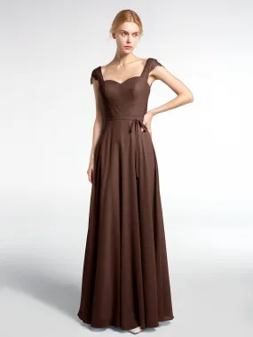 Lace Bodice Chiffon Skirt Dress with Cap Sleeves-Chocolate Plus Size