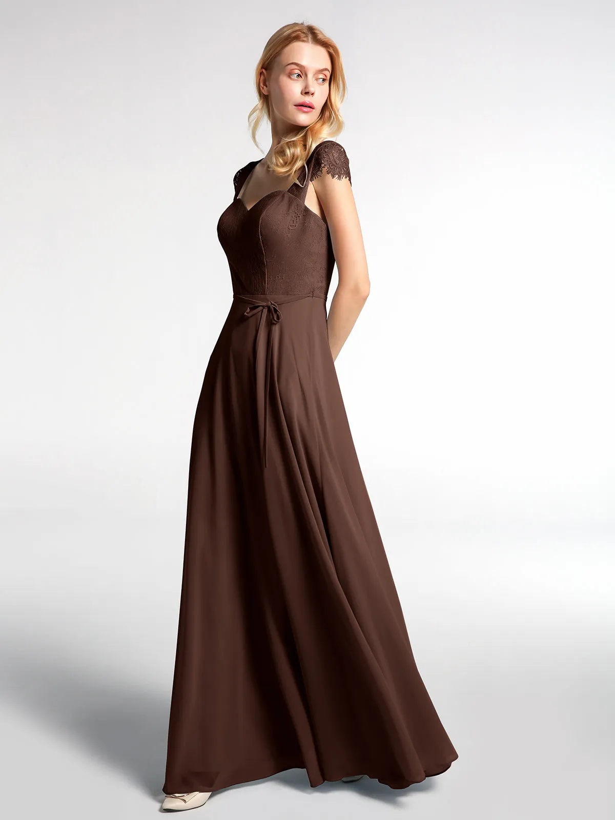 Lace Bodice Chiffon Skirt Dress with Cap Sleeves-Chocolate Plus Size
