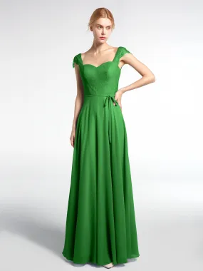 Lace Bodice Chiffon Skirt Dress with Cap Sleeves-Green