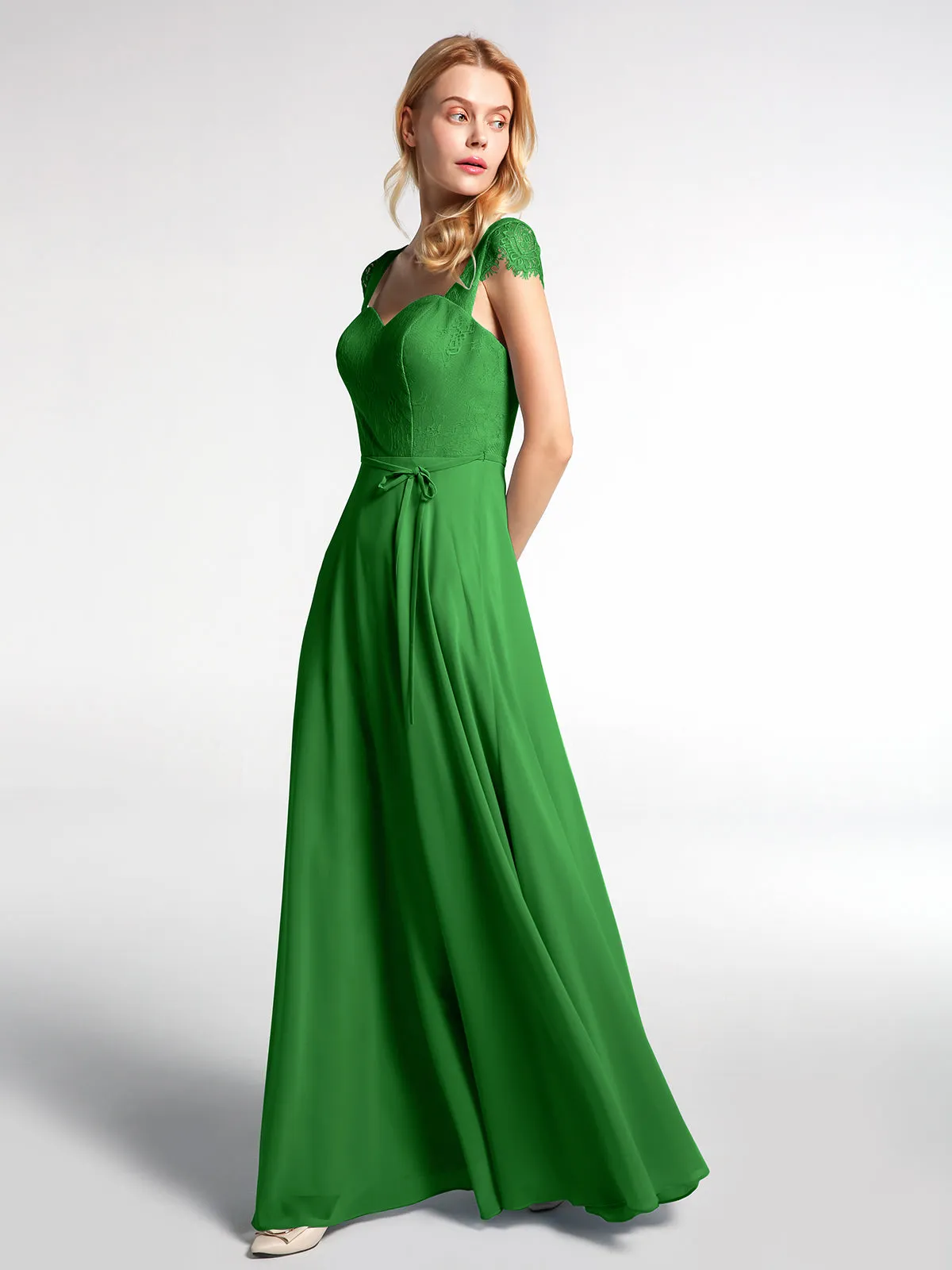 Lace Bodice Chiffon Skirt Dress with Cap Sleeves-Green