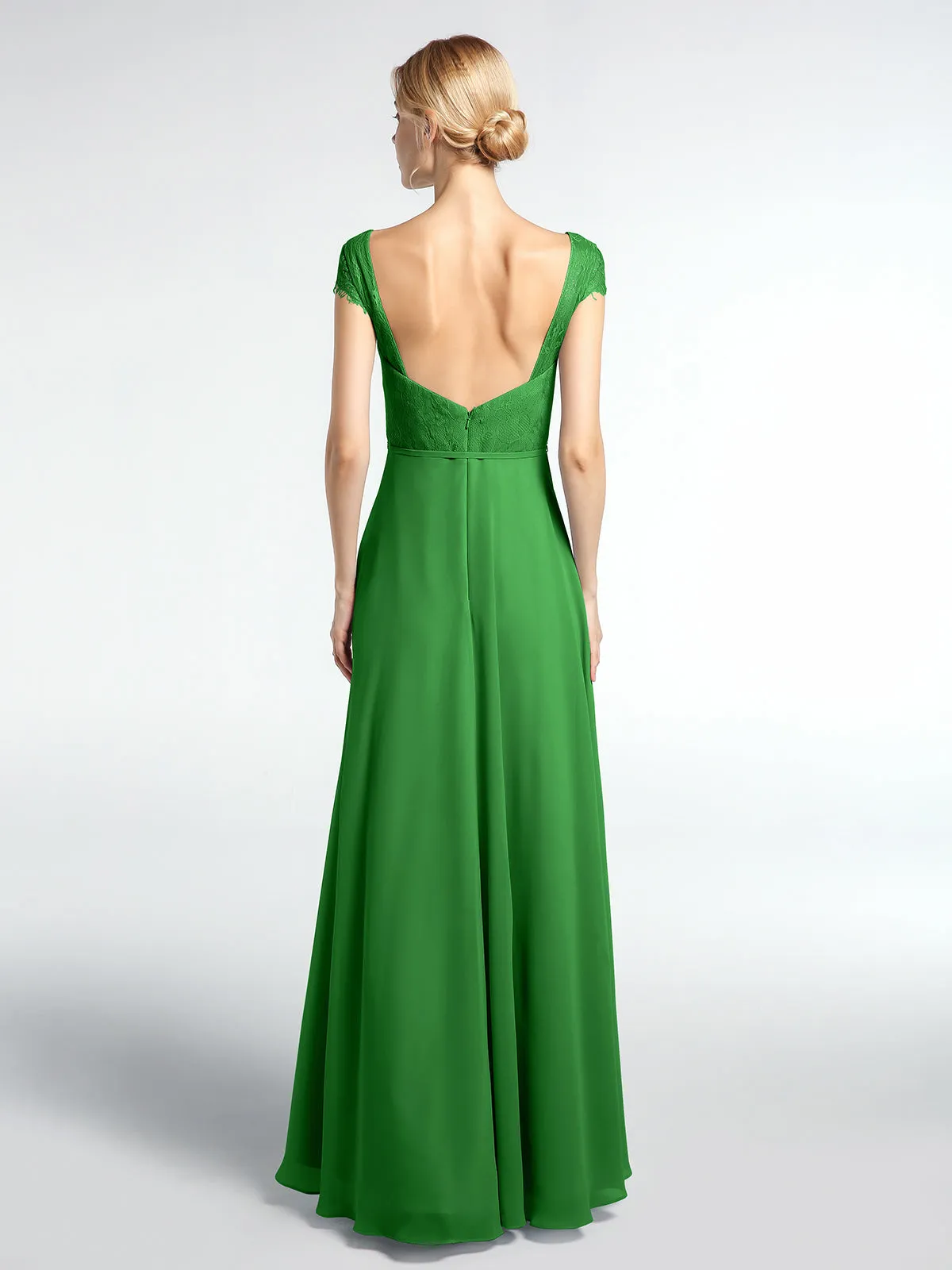 Lace Bodice Chiffon Skirt Dress with Cap Sleeves-Green