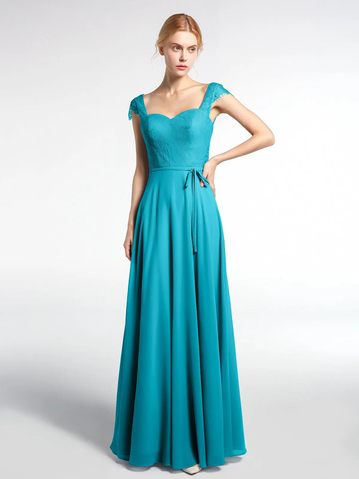 Lace Bodice Chiffon Skirt Dress with Cap Sleeves-Jade Plus Size
