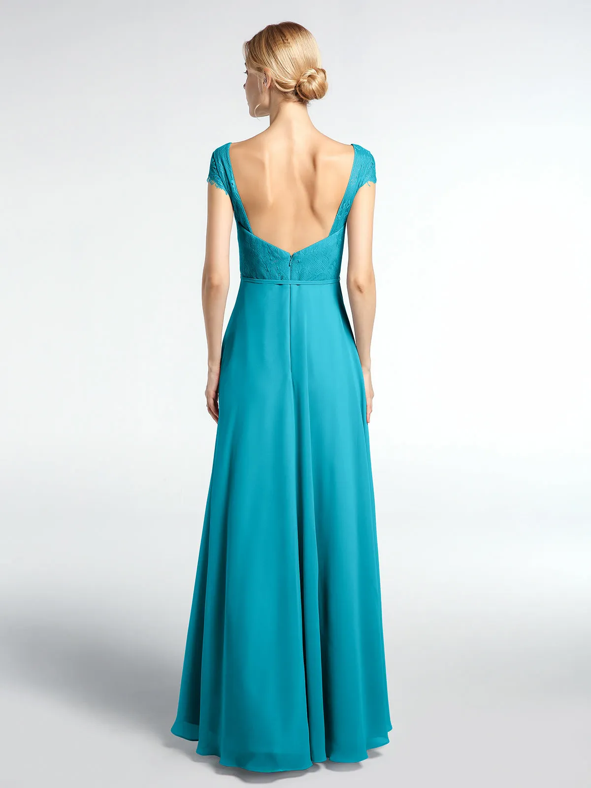 Lace Bodice Chiffon Skirt Dress with Cap Sleeves-Jade Plus Size