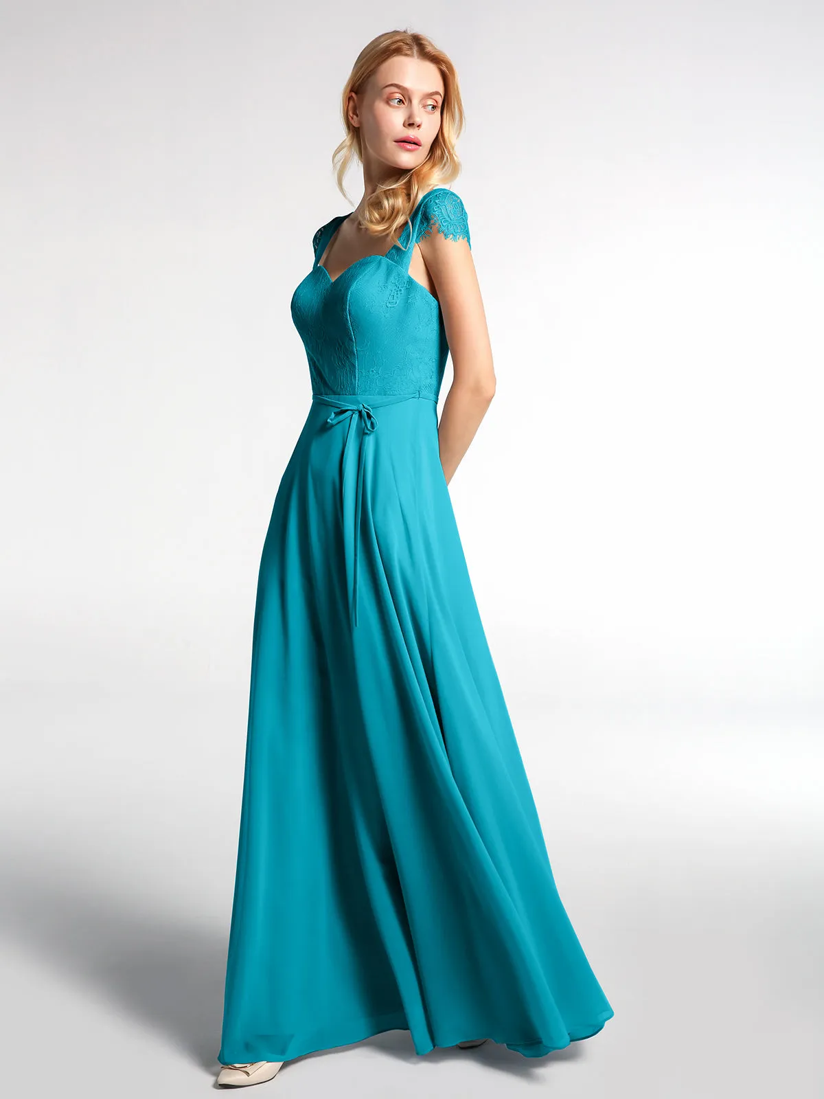 Lace Bodice Chiffon Skirt Dress with Cap Sleeves-Jade Plus Size