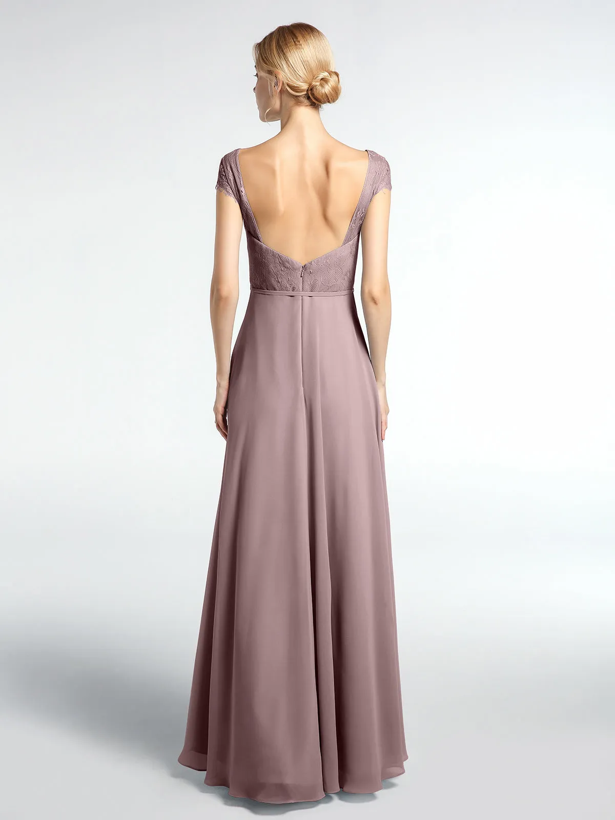 Lace Bodice Chiffon Skirt Dress with Cap Sleeves-Vintage Mauve Plus Size
