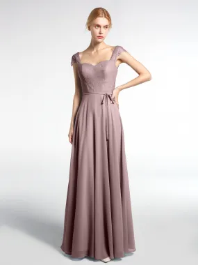 Lace Bodice Chiffon Skirt Dress with Cap Sleeves-Vintage Mauve Plus Size