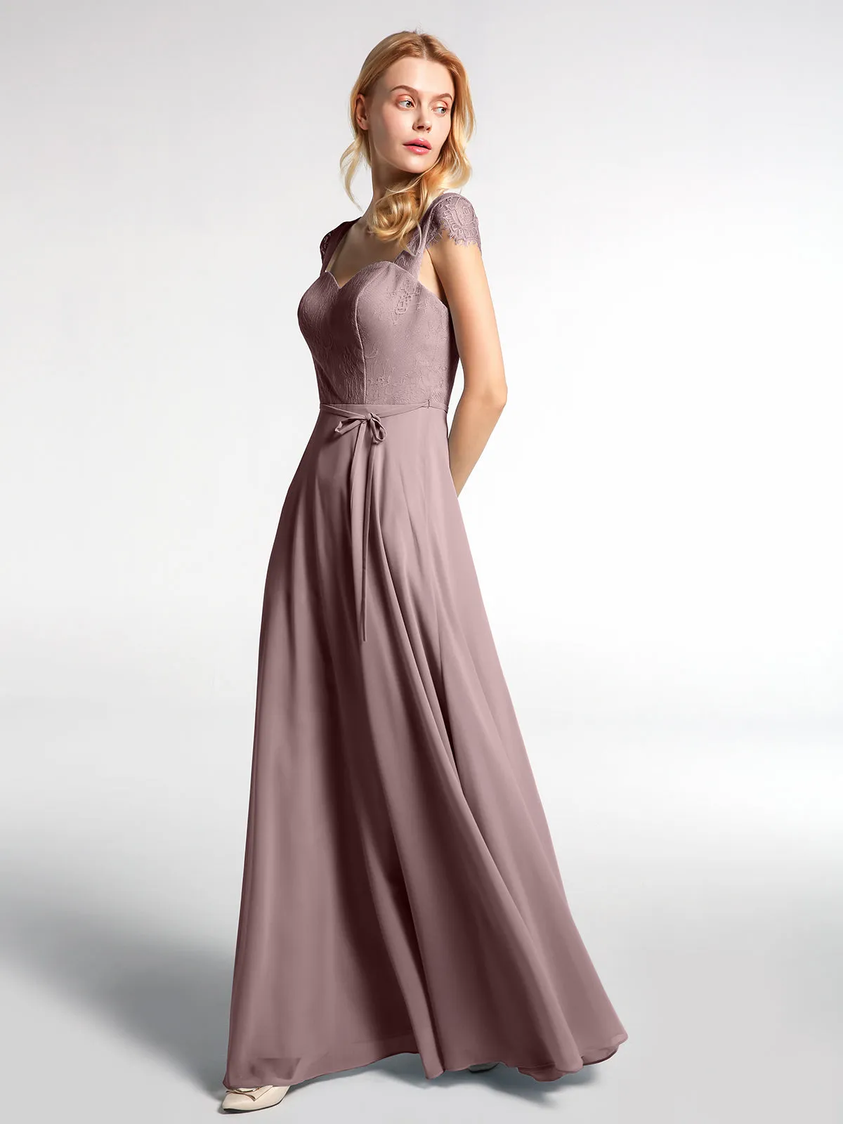 Lace Bodice Chiffon Skirt Dress with Cap Sleeves-Vintage Mauve Plus Size