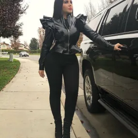 Ladies Casual Ruffled Leather Jacket.