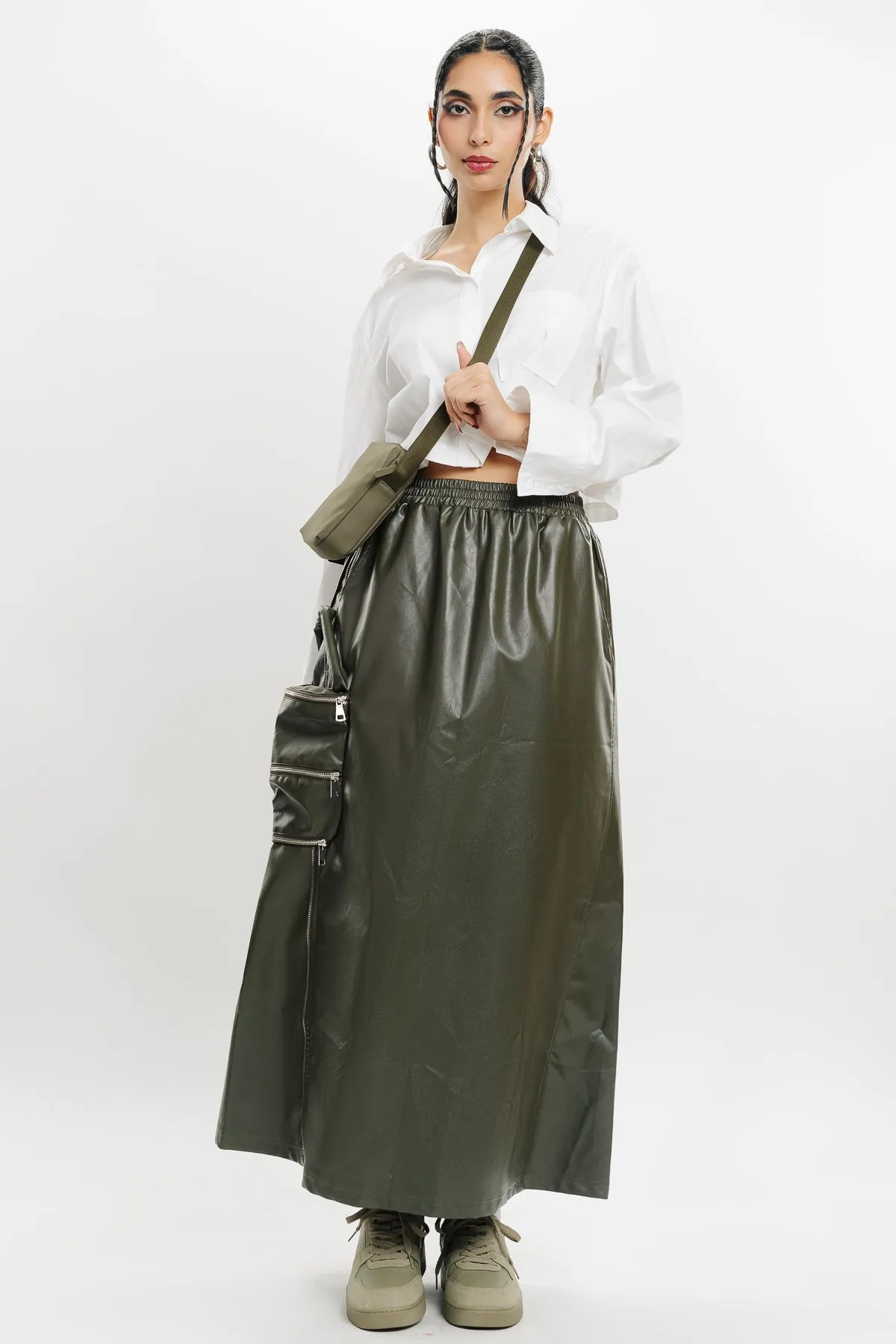 Leather Cargo Long Skirt