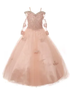Little Girls Blush Off Shoulder Long Sleeve Rhinestone Pageant Dress 2-6