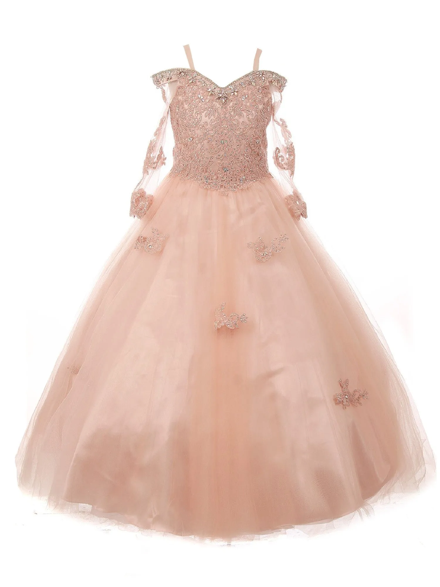 Little Girls Blush Off Shoulder Long Sleeve Rhinestone Pageant Dress 2-6