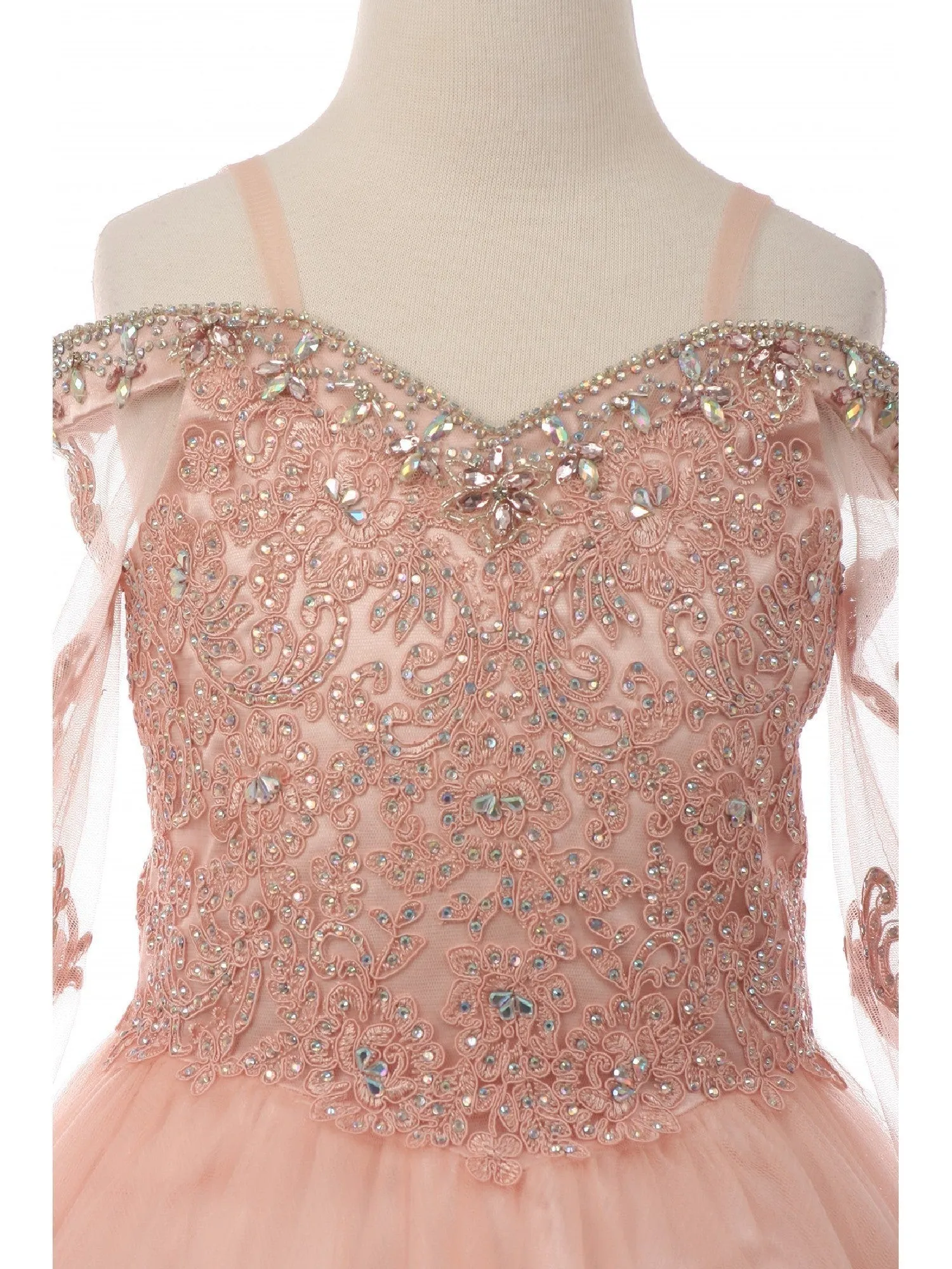 Little Girls Blush Off Shoulder Long Sleeve Rhinestone Pageant Dress 2-6