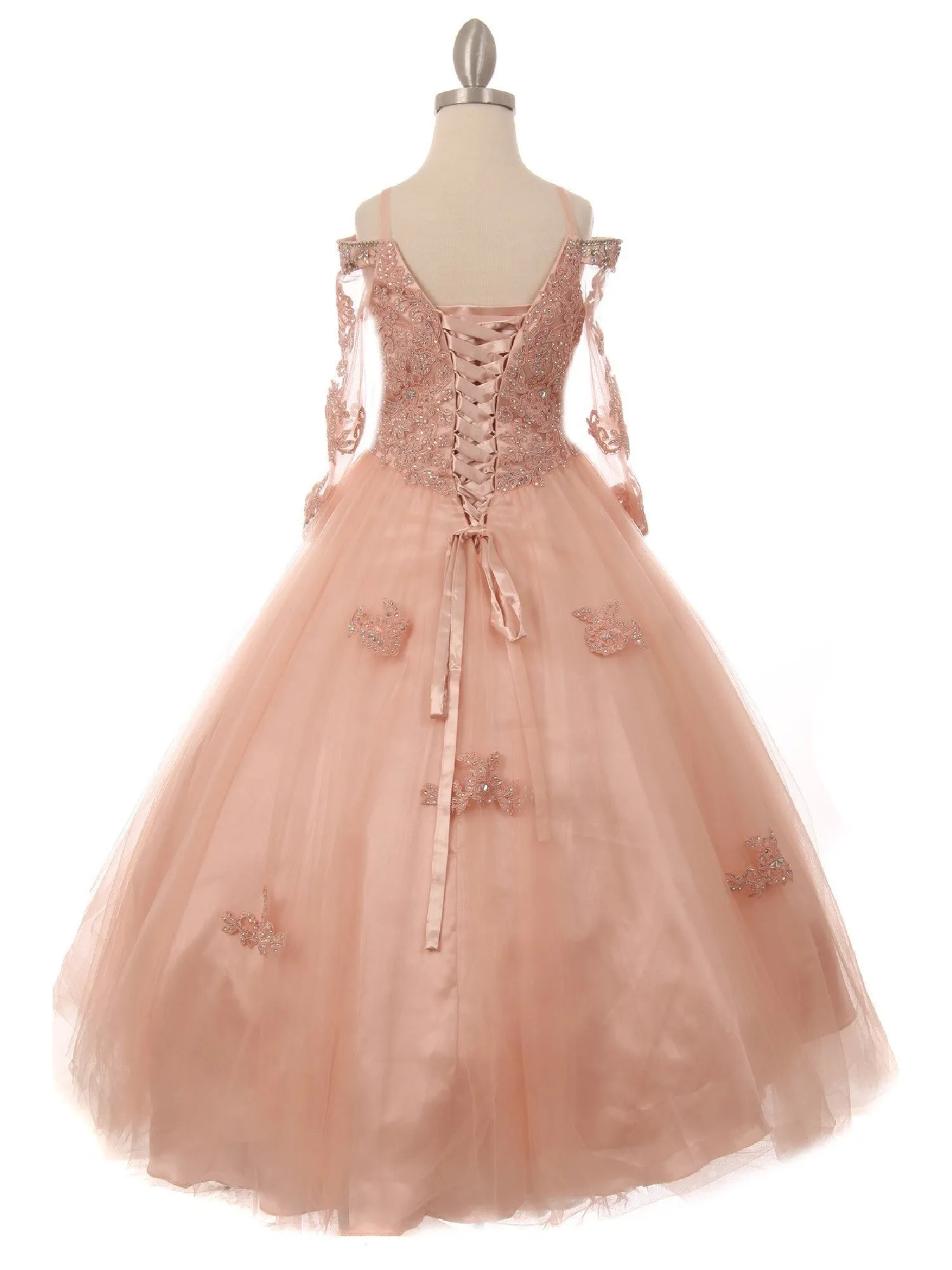 Little Girls Blush Off Shoulder Long Sleeve Rhinestone Pageant Dress 2-6
