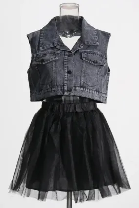 Living Big Dreams Denim Vest With Mesh Lined Mini Skirt Set