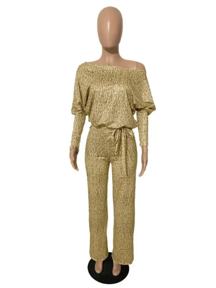 Long Sleeve High Waist With Belt  Loose Wide Leg Jumpsuit