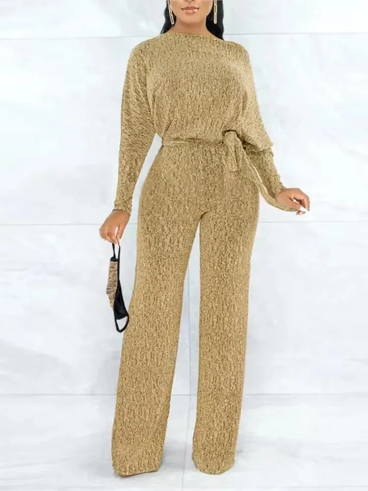 Long Sleeve High Waist With Belt  Loose Wide Leg Jumpsuit