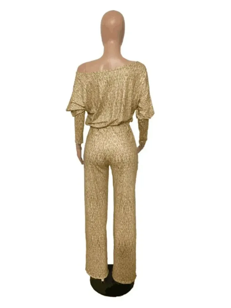 Long Sleeve High Waist With Belt  Loose Wide Leg Jumpsuit