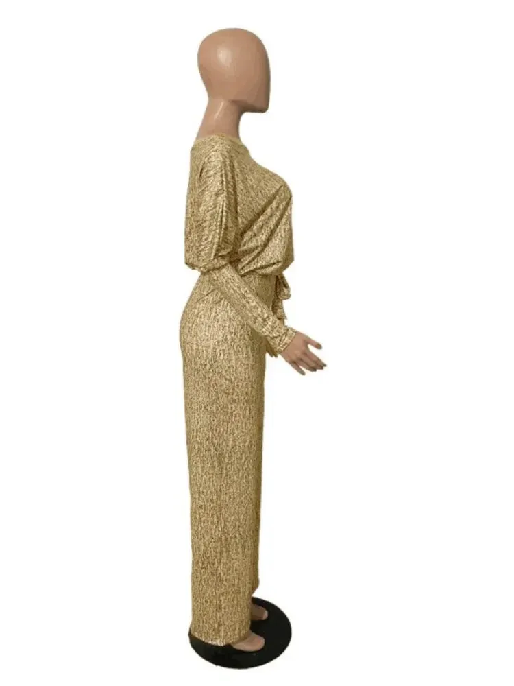 Long Sleeve High Waist With Belt  Loose Wide Leg Jumpsuit