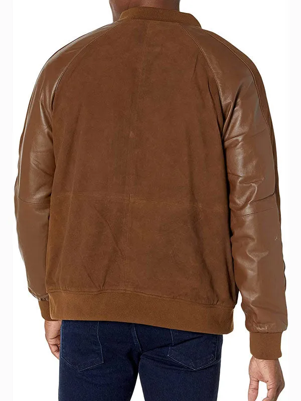 MEN’S SUEDE LEATHER VARSITY JACKET WITH CONTRAST SLEEVES BY TJS