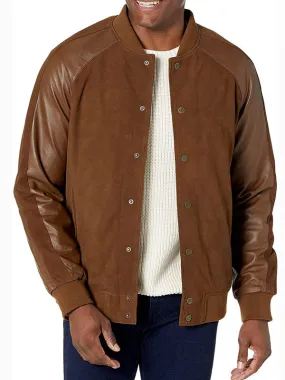 MEN’S SUEDE LEATHER VARSITY JACKET WITH CONTRAST SLEEVES BY TJS