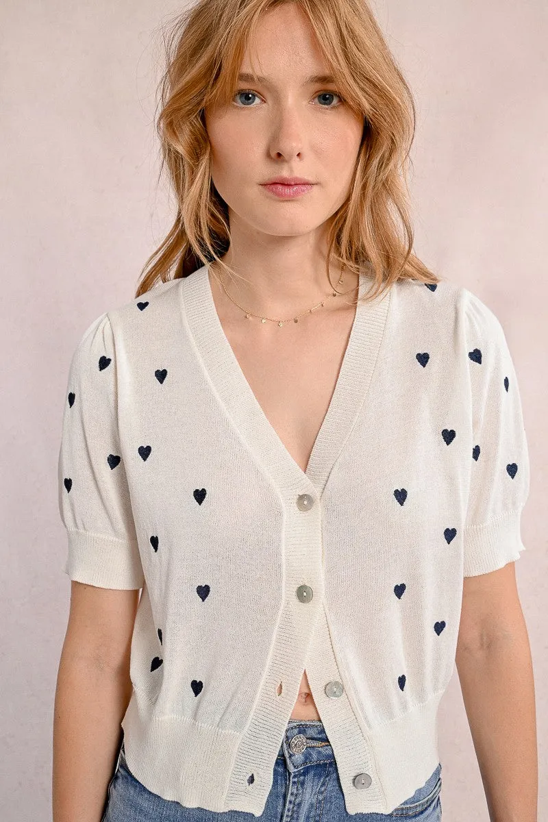 Molly Bracken Off White Heart Embroidered Cardigan