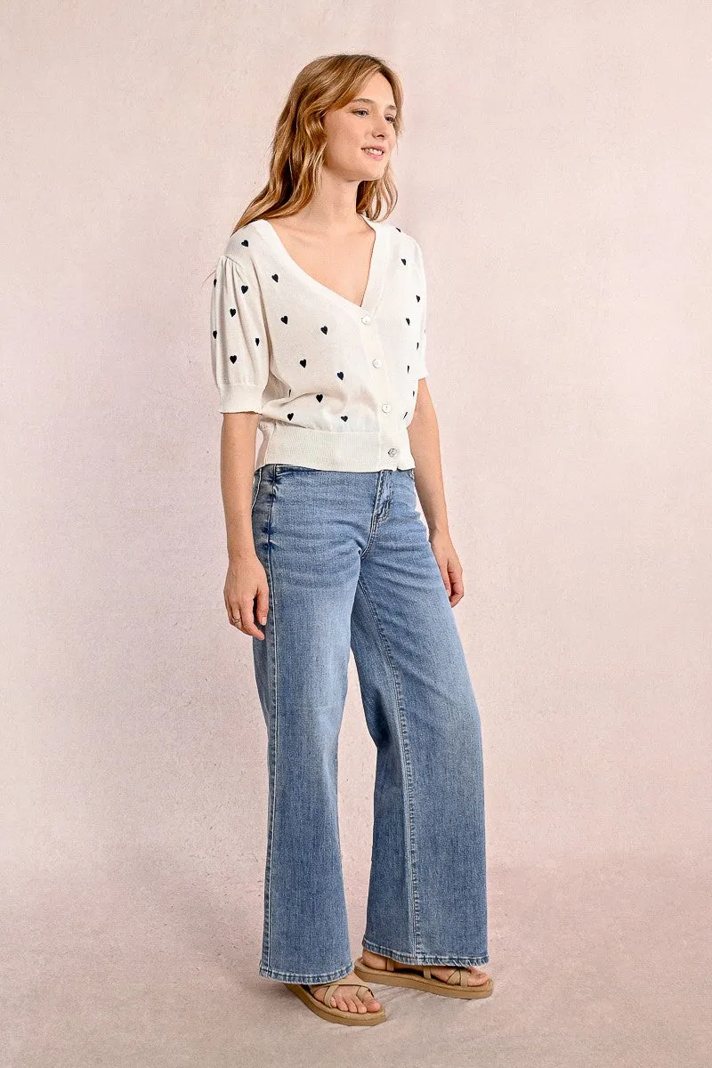 Molly Bracken Off White Heart Embroidered Cardigan