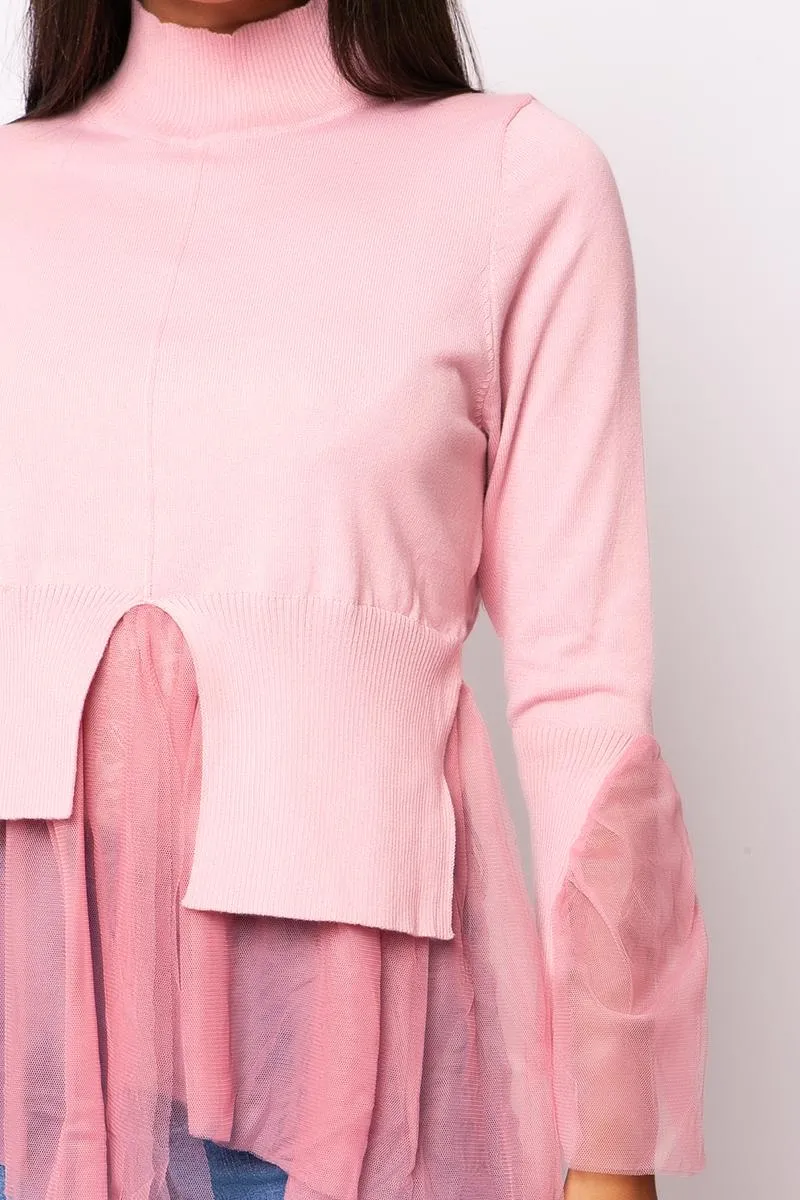 Neave - Pink Longe Sleeve & Tulle Hem Jumper