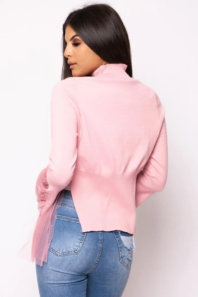 Neave - Pink Longe Sleeve & Tulle Hem Jumper