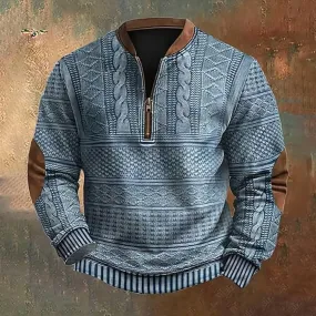 NEW Men's Vintage Knit Print Sweatshirt Casual Long Sleeve Pullover Henley Shirts Zip Up Stand Collar Jackets, Blue, Sz 2XL, digitally printed to look like knit