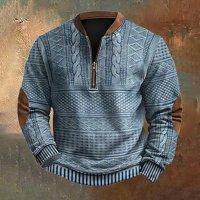 NEW Men's Vintage Knit Print Sweatshirt Casual Long Sleeve Pullover Henley Shirts Zip Up Stand Collar Jackets, Blue, Sz 2XL, digitally printed to look like knit
