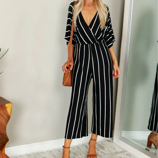 OL Ladies Half Sleeve Striped Loose Baggy Trousers Jumpsuit Overalls Wide Leg Trousers Romper Jumpsuit