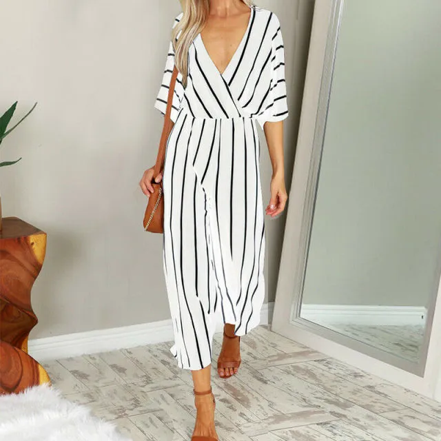OL Ladies Half Sleeve Striped Loose Baggy Trousers Jumpsuit Overalls Wide Leg Trousers Romper Jumpsuit