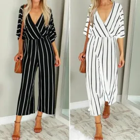 OL Ladies Half Sleeve Striped Loose Baggy Trousers Jumpsuit Overalls Wide Leg Trousers Romper Jumpsuit
