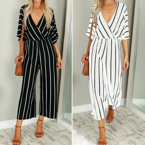 OL Ladies Half Sleeve Striped Loose Baggy Trousers Jumpsuit Overalls Wide Leg Trousers Romper Jumpsuit