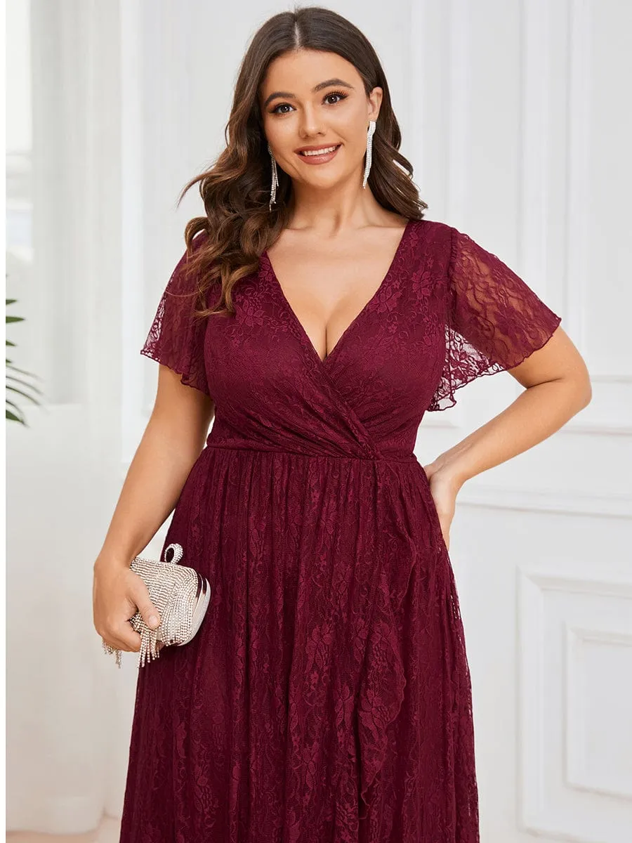 Plus Size V-Neck Short Sleeve Pleated Ruffled Lace Evening Dress