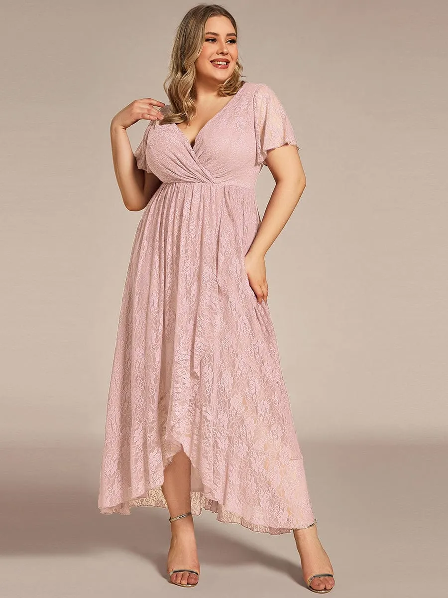 Plus Size V-Neck Short Sleeve Pleated Ruffled Lace Evening Dress