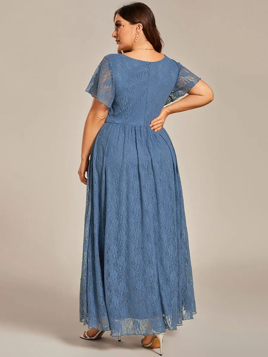Plus Size V-Neck Short Sleeve Pleated Ruffled Lace Evening Dress