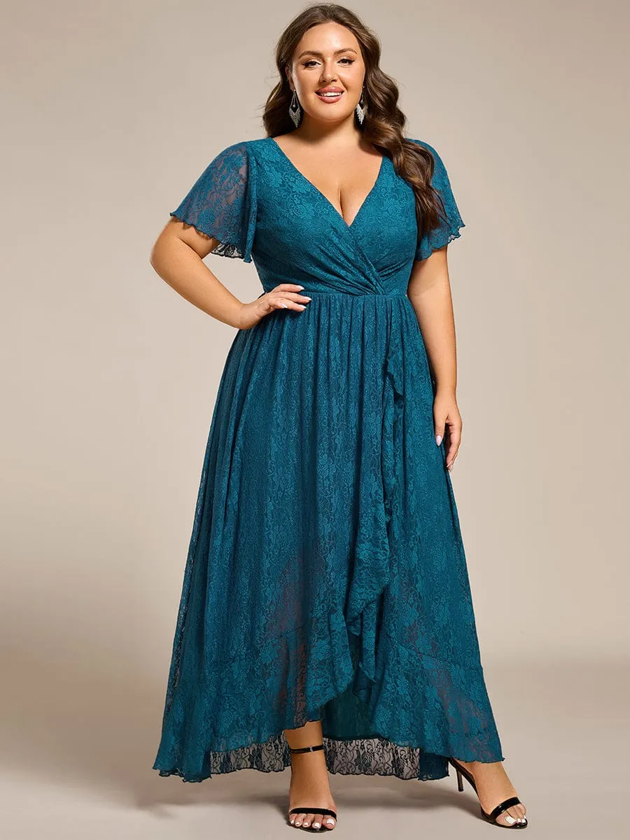 Plus Size V-Neck Short Sleeve Pleated Ruffled Lace Evening Dress