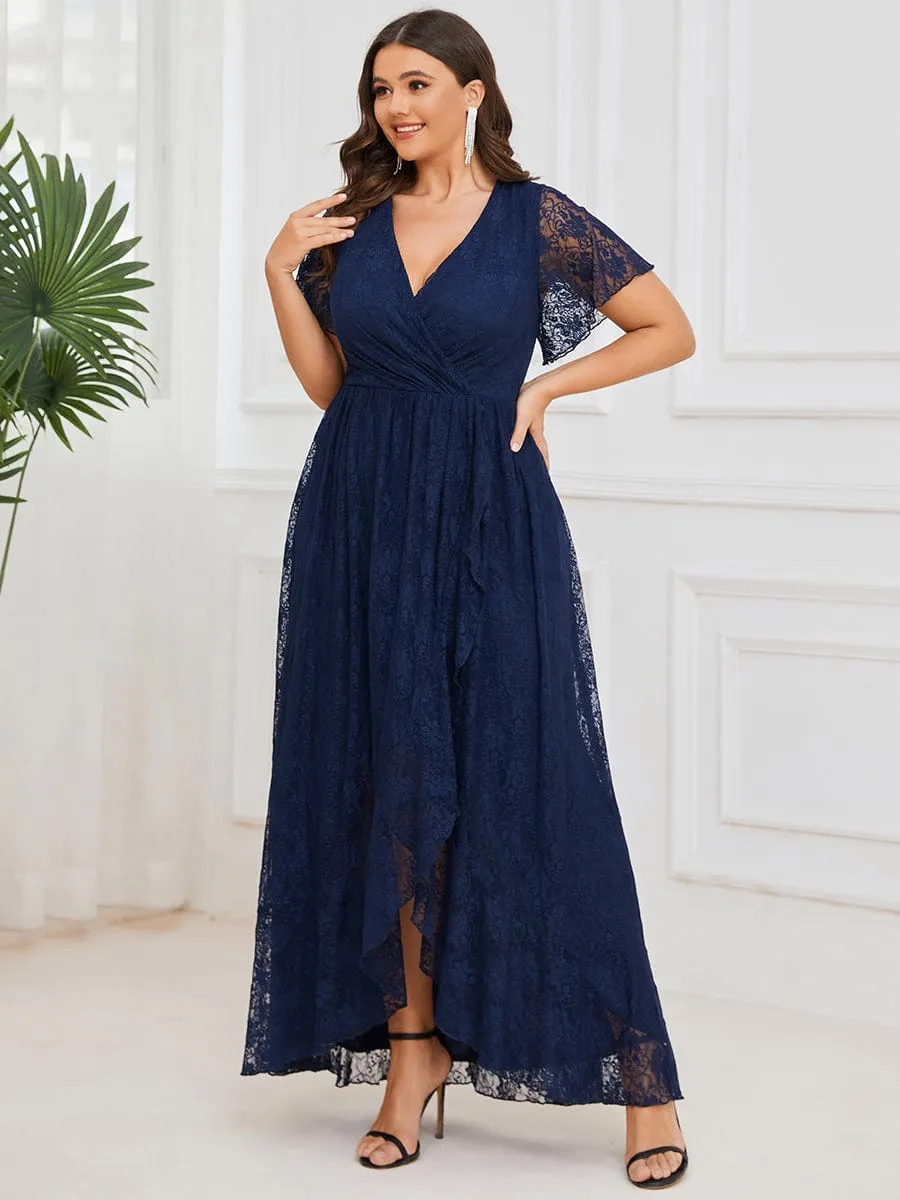 Plus Size V-Neck Short Sleeve Pleated Ruffled Lace Evening Dress
