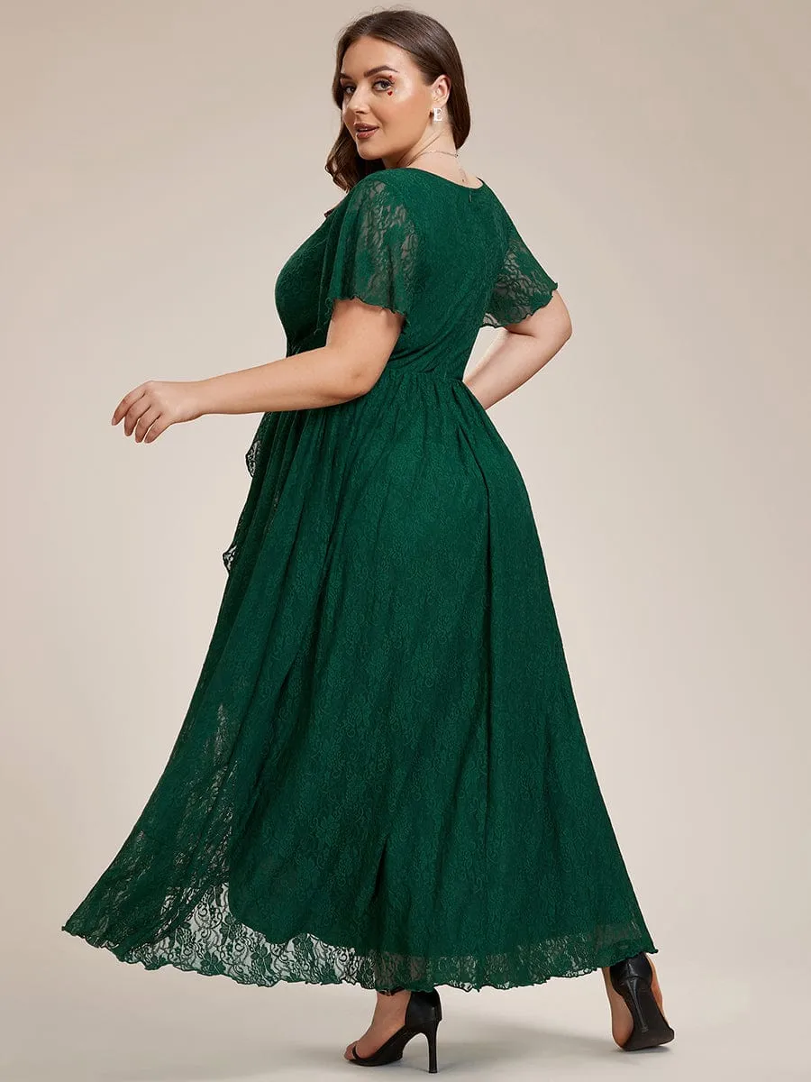 Plus Size V-Neck Short Sleeve Pleated Ruffled Lace Evening Dress
