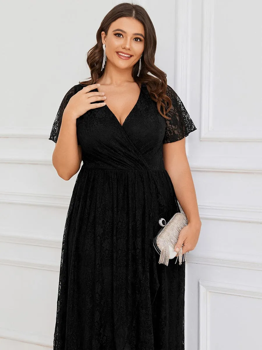 Plus Size V-Neck Short Sleeve Pleated Ruffled Lace Evening Dress
