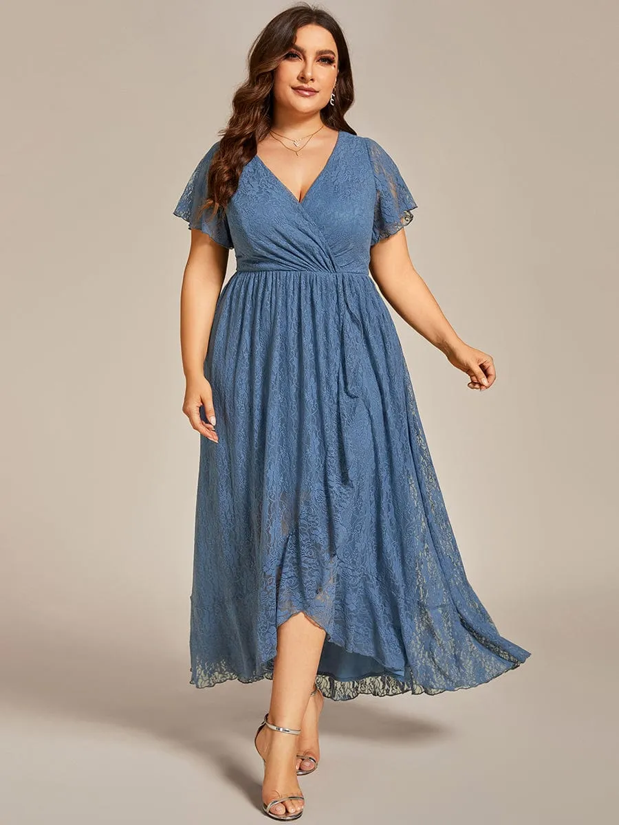 Plus Size V-Neck Short Sleeve Pleated Ruffled Lace Evening Dress