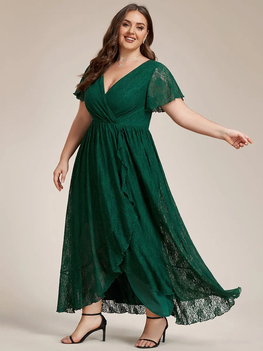 Plus Size V-Neck Short Sleeve Pleated Ruffled Lace Evening Dress