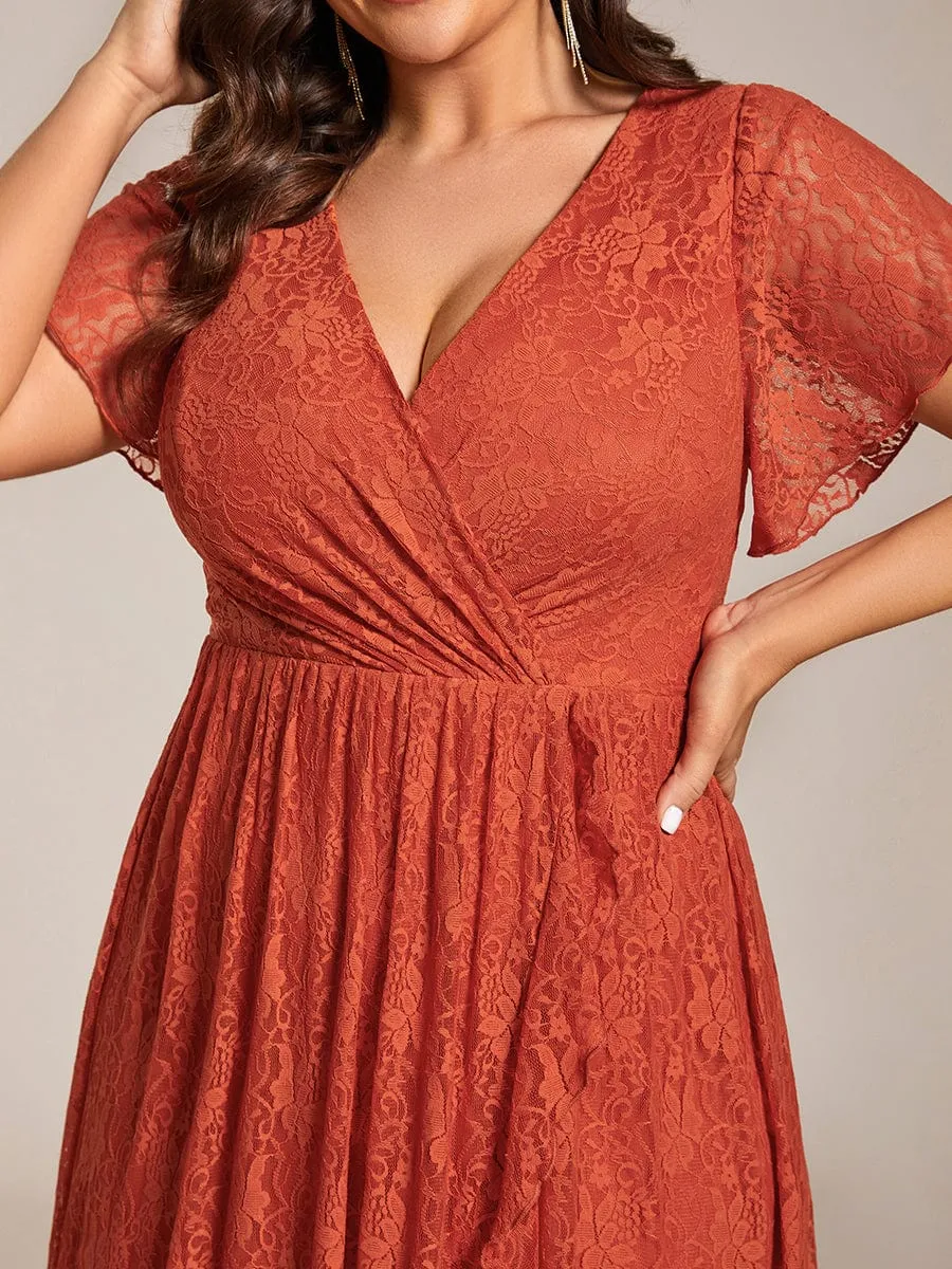 Plus Size V-Neck Short Sleeve Pleated Ruffled Lace Evening Dress