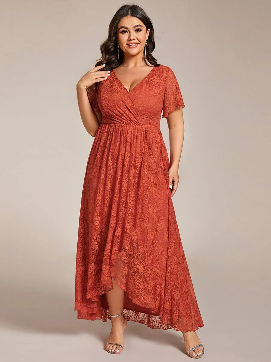 Plus Size V-Neck Short Sleeve Pleated Ruffled Lace Evening Dress